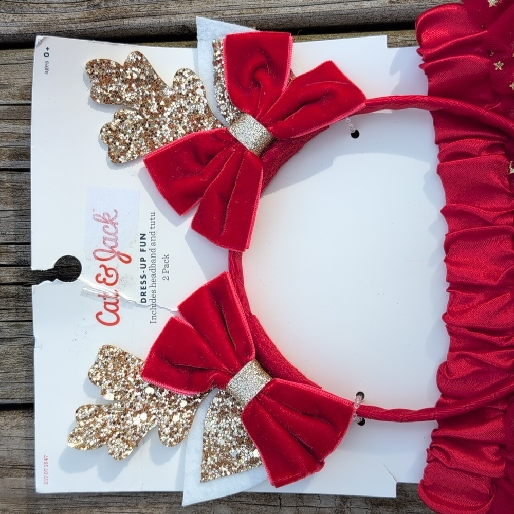 Cat&Jack Dress Up Girls Holiday Reindeer Gold Glitter Head Band And Red Skirt - Picture 2 of 5